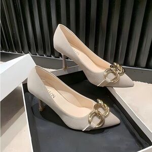 Elegant Cream Heels with Gold Accents